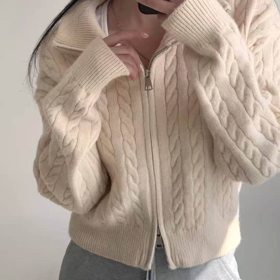 White Cable-Knit Zip Cardigan