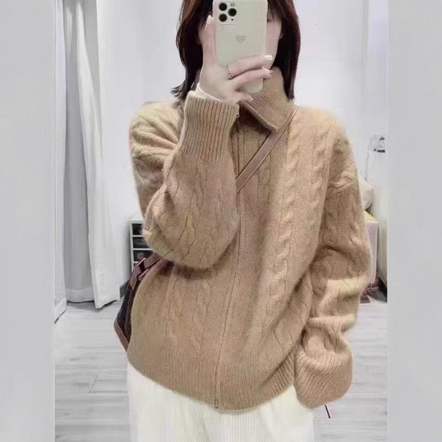 White Cable-Knit Zip Cardigan